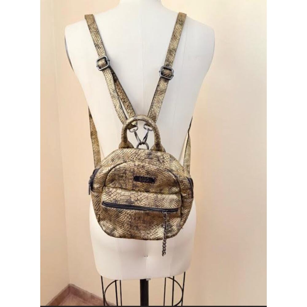 BCBG Paris Gold Snakeskin Mini Backpack Purse Faux Leather Convertible Bag